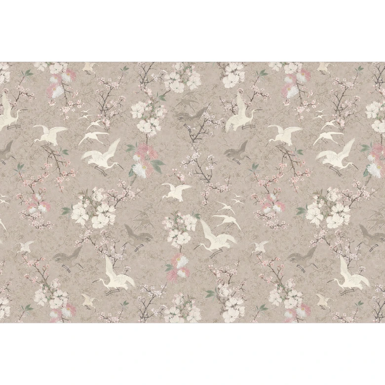 Fotomural Pájaros Japandi | Grullas en Flor de Cerezo Rush Beige - Bloomery Decor 