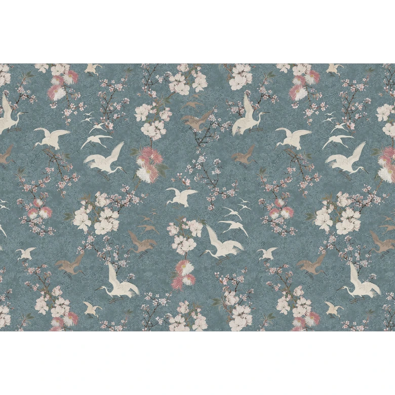 Japandi Stijl Fotobehang - Kraanvogels in Kersenbloesem Rush Blauw - Bloeiende Decor 