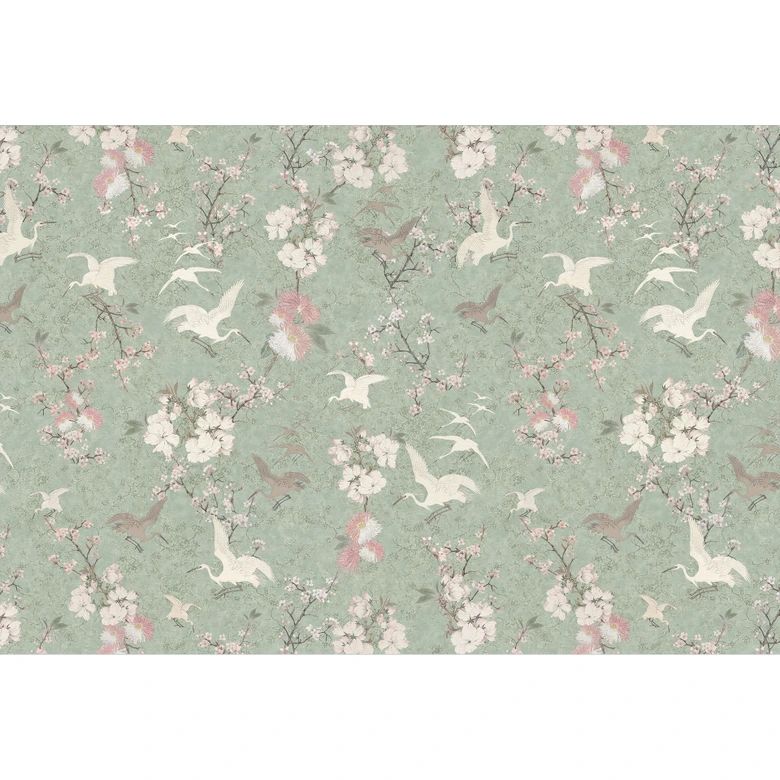 Vogel-Tapete im Asia-Stil - Kraniche im Kirschblüten-Rausch Grün - Bloomery Decor 
