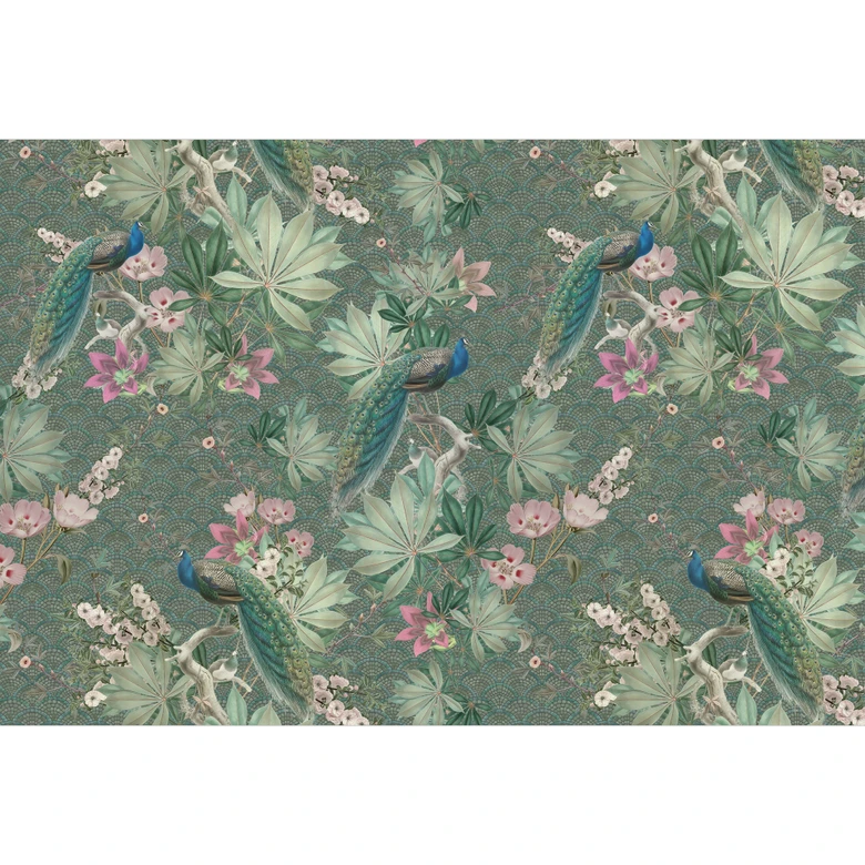 Papel pintado de Pavo real en mosaico de jardín tropical - Bloomery Decor 
