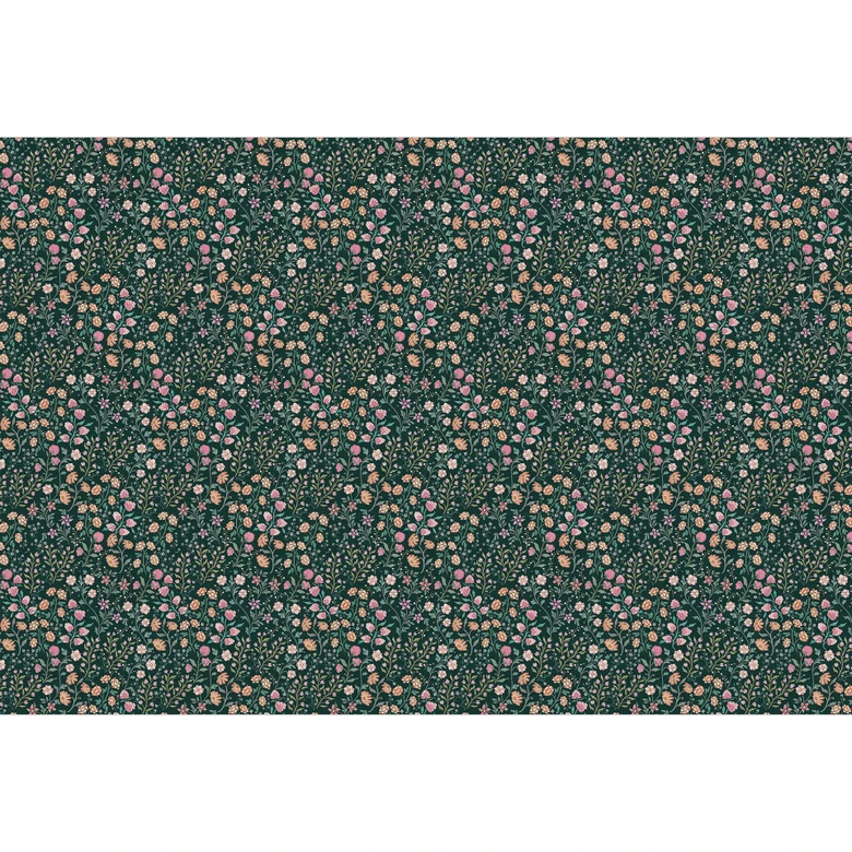 Fototapete mit Blumenmuster - Wiesenblumen Vintage - Dunkelgrün - Bloomery Decor 