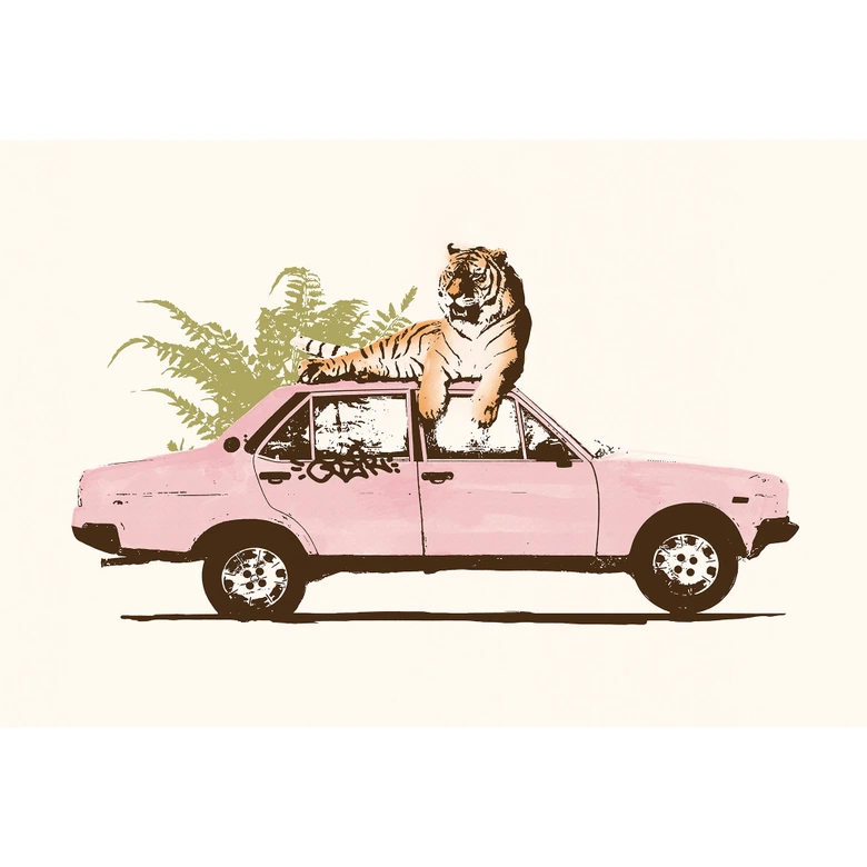 Fotobehang Tijger op roze auto - Bodart 