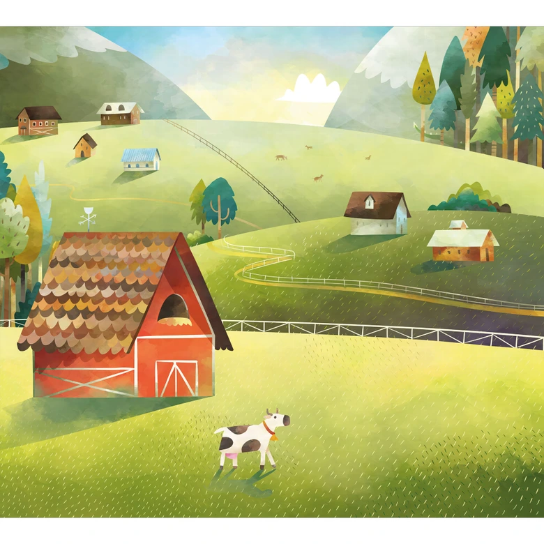 Fototapet för barnrum färgglad gård i bergen - DigitalArtsi 
