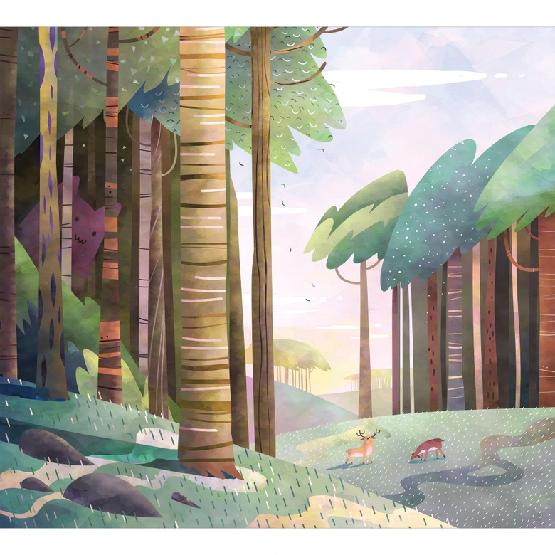 Fototapete Sonniger Wald mit Hirsch und Reh - DigitalArtsi - Kinderzimmer 