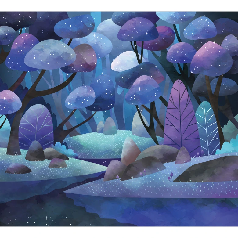 Children's Wall Mural Enchanted Forest in Midnight Blue - DigitalArtsi 
