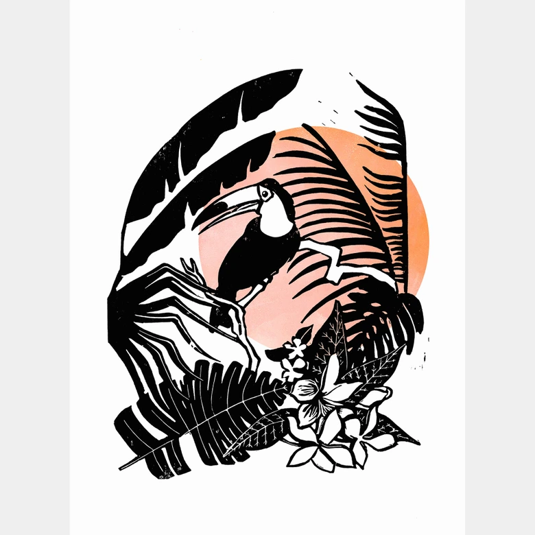 Fototapete Goed Blauw - Linolschnitt Tukan 