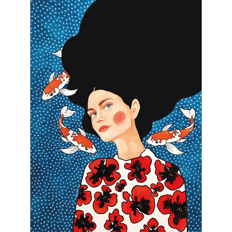 Papier peint photo femme en robe à fleurs avec kois - Hülya 