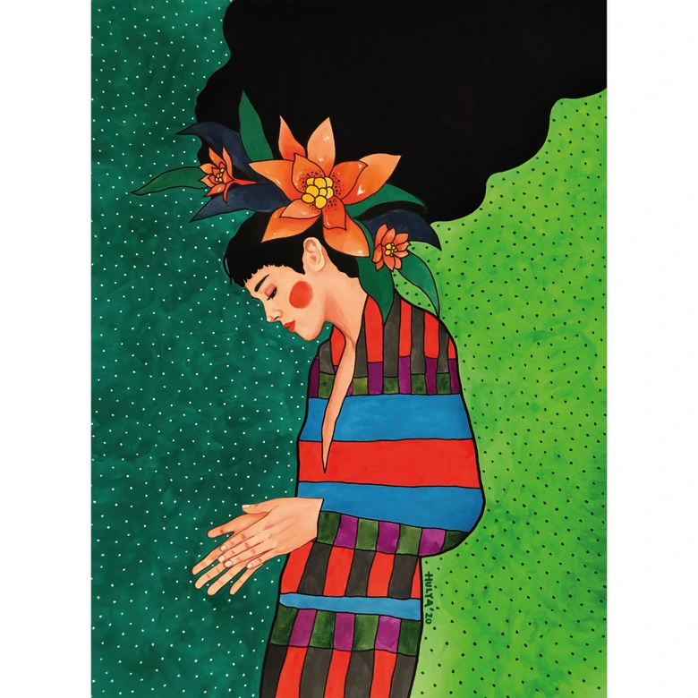 Wall Mural Portrait - Woman in striped dress with orange flowers - Hülya 