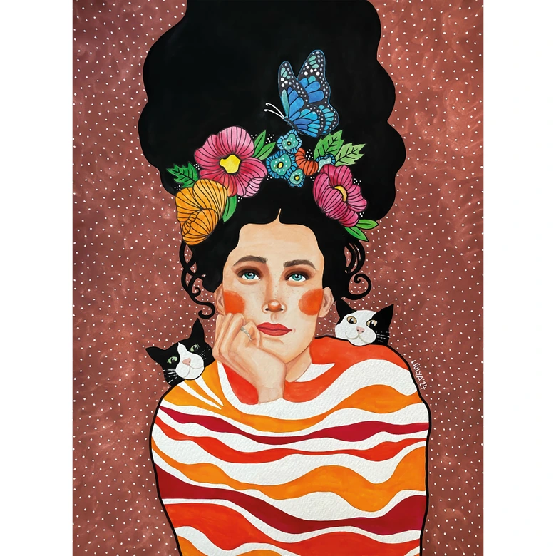 Fotomural Mujer con corona de flores y gatos - Hülya 