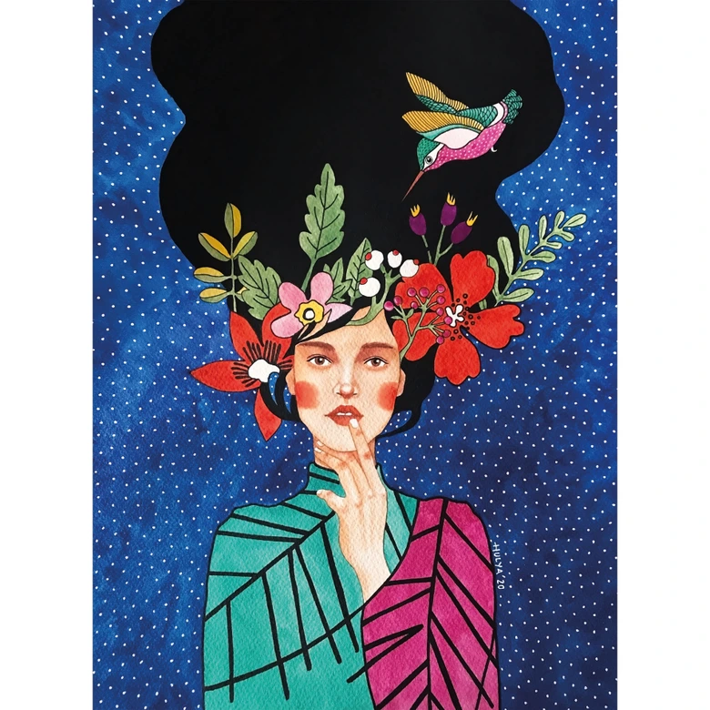 Papier peint femme avec colibri dans la nuit étoilée - Hülya 