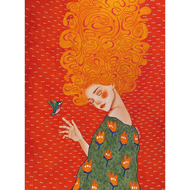 Wall Mural Hummingbird and woman in red light - Hülya 