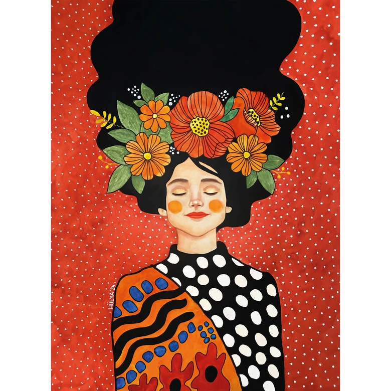 Papier peint femme souriante avec fleurs oranges - Hülya 