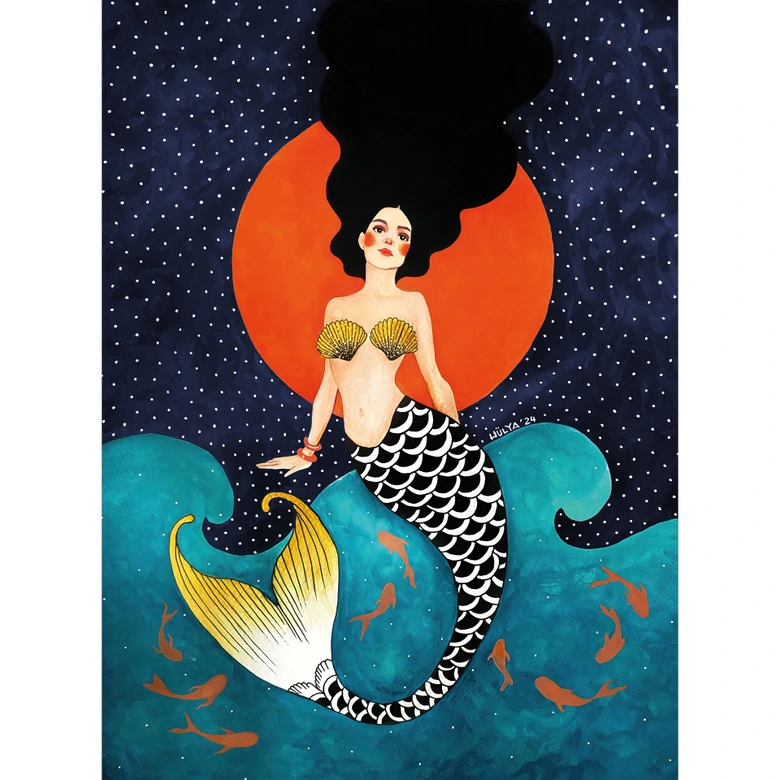 Océan Papier peint Sirène au clair de lune rouge - Hülya 