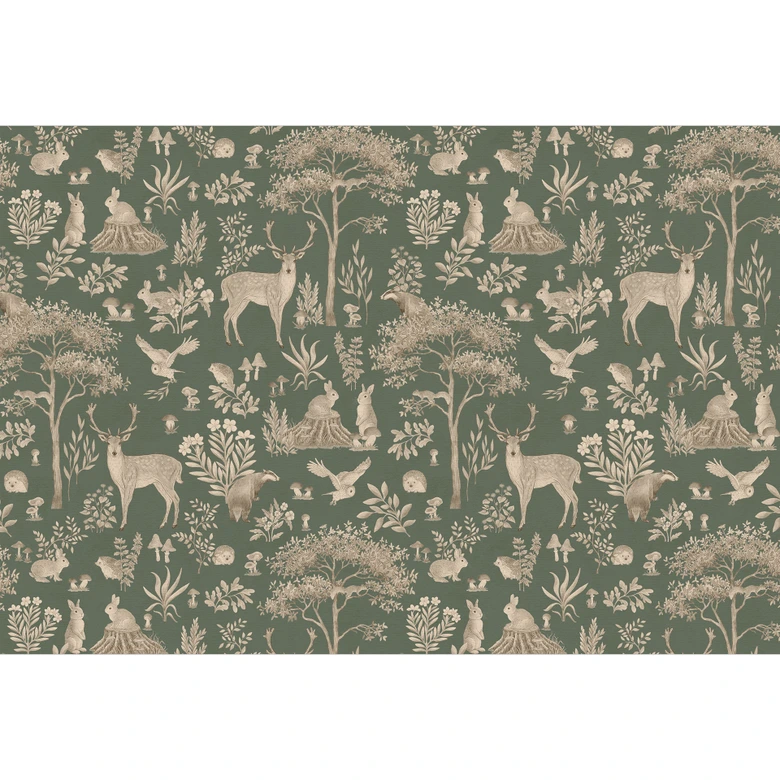 Förtrollande skog med djur Fototapet - Vintage grön - Kikki Belle 