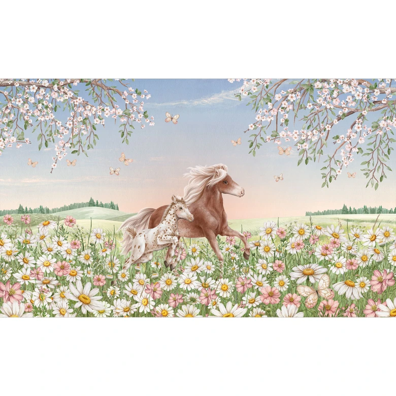 Papier peint photo chambre enfant Chevaux dans un pré fleuri - Kikki Belle 