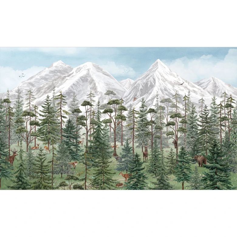 Fotobehang, natuurbehang voor kinderen - bosdieren in een groen alpenbos - Kikki Belle 