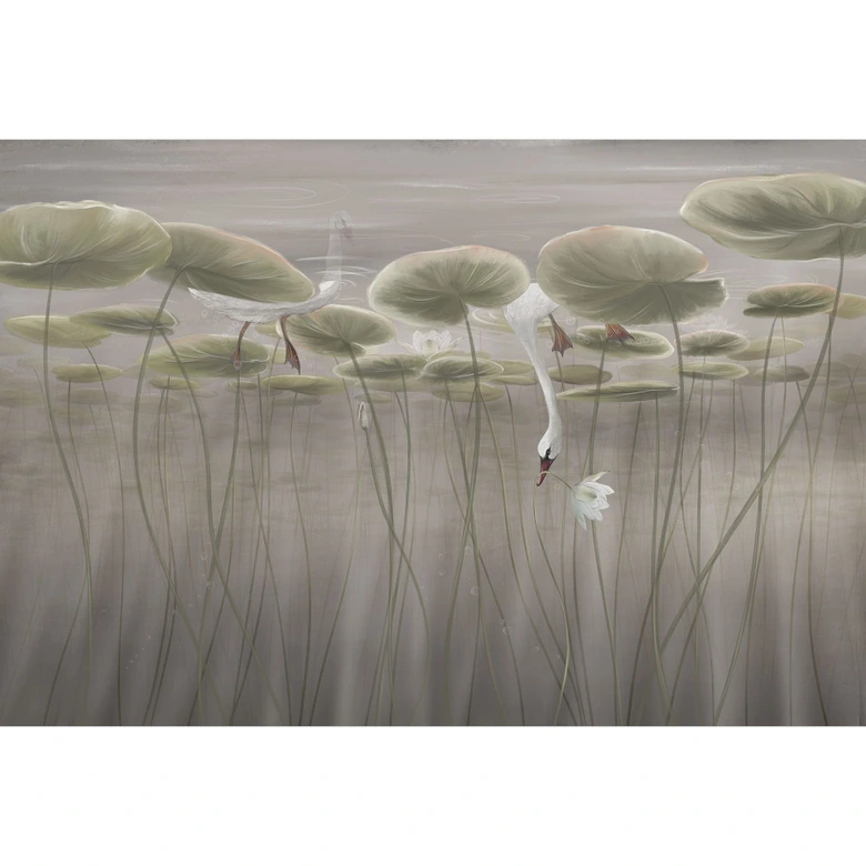 Fototapete Naturtapete Lotusblumen mit Schwan im Wasser in Grau - Ms Tiff 
