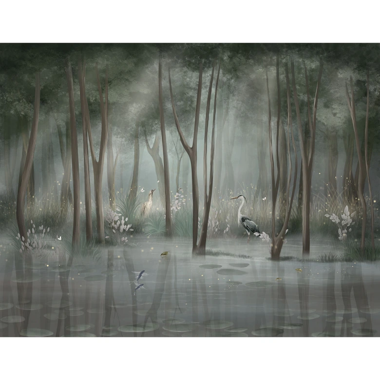 Fototapete Nebelwald am See mit Reiher in Grün - Ms Tiff 