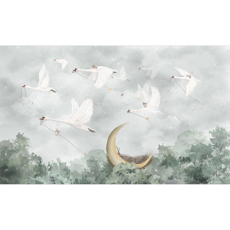 Kinderzimmer Fototapete Schwäne und Mäuse im Sternenflug - Ms Tiff 