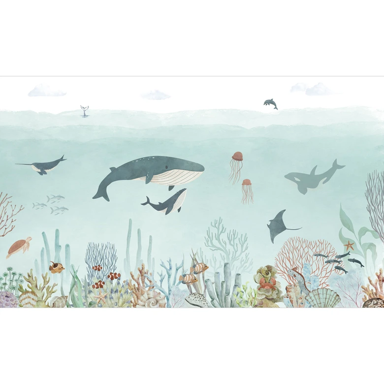 Papier peint enfant Aventure sous-marine avec animaux marins - Bleu - Oliver Robins 