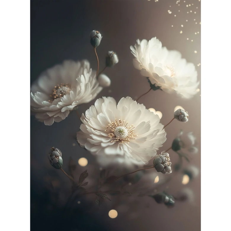 Fototapete Blumentapete Weiße Blumen mit Goldstaub - Treechild 