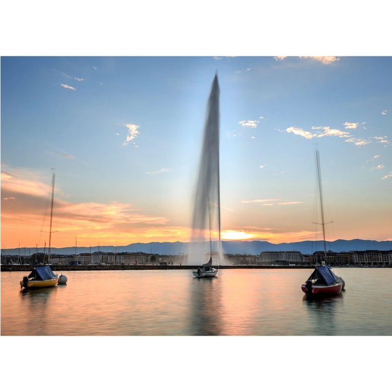 Fototapete Wasserfontäne im Genfer Sonnenuntergang 
