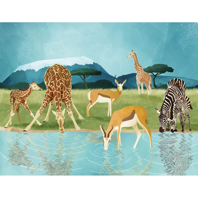 Papier peint photo Goed Blauw - Animaux au point d'eau 