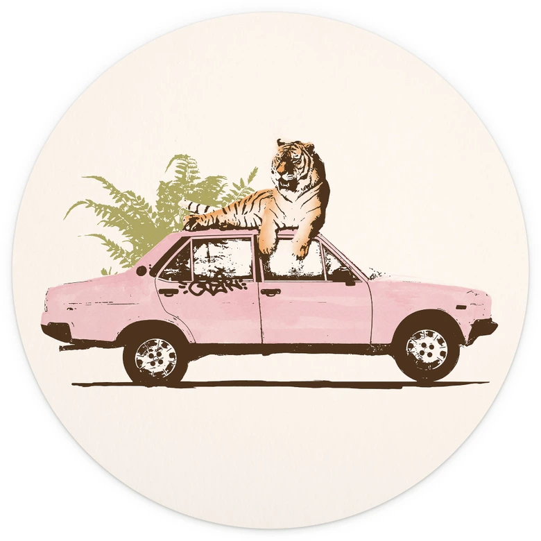 Papier peint photo rond Tigre sur une voiture rose - Bodart - papier peint intissé/papier peint intissé autocollant 
