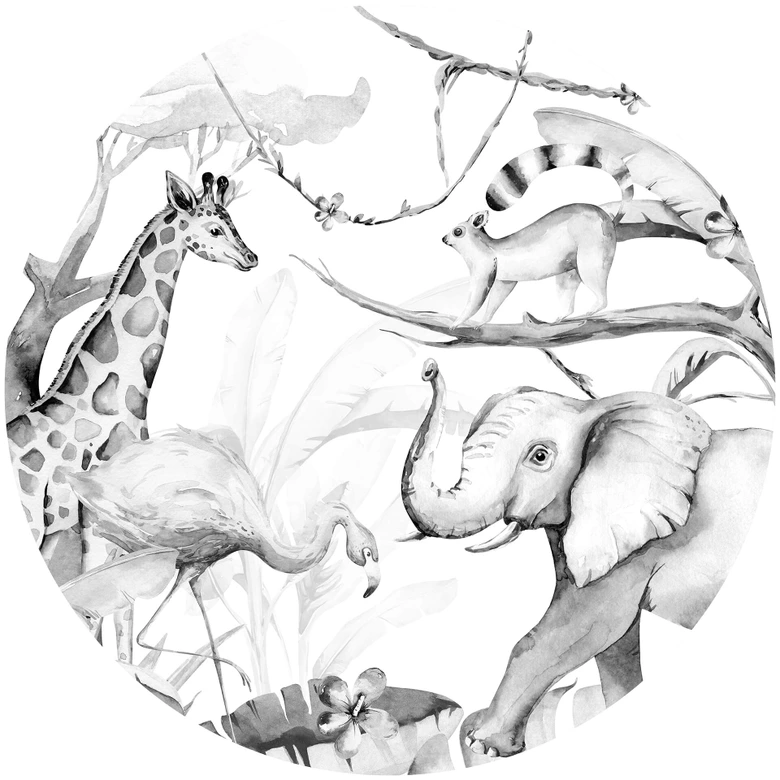 Behangcirkel Kvilis - Dierenvrienden in de Jungle zwart-wit - vliesbehang/zelfklevend vliesbehang 