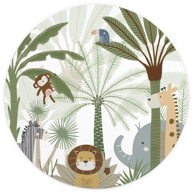 Fototapete fürs Kinderzimmer Niedliche Tiere im Dschungel - Oliver Robins - Rund - Selbstklebend/Vlies 