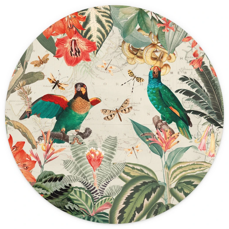Papier peint photo rond Jungle exotique avec perroquets - UN Designs - papier peint intissé/papier peint intissé autocollant 