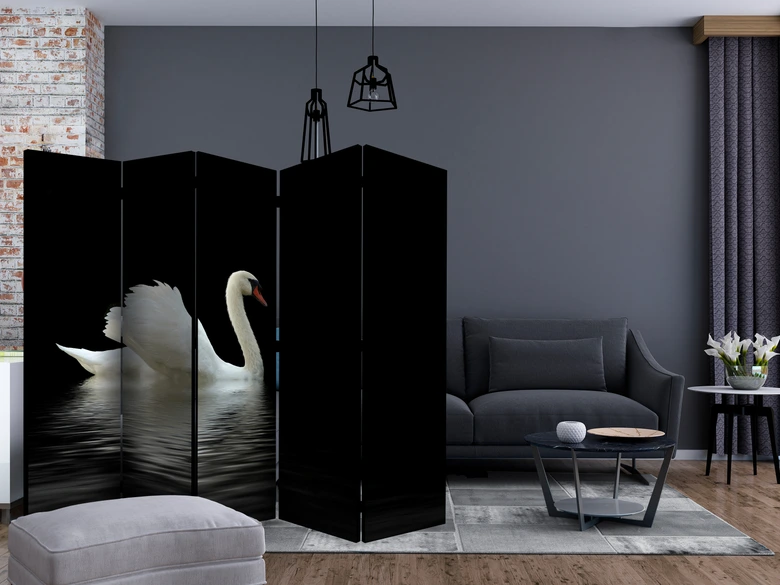 Paravent, Raumteiler freistehend, Trennwand - Schwan in dunkler Reflexion , 5-teilig - 225x172 cm 