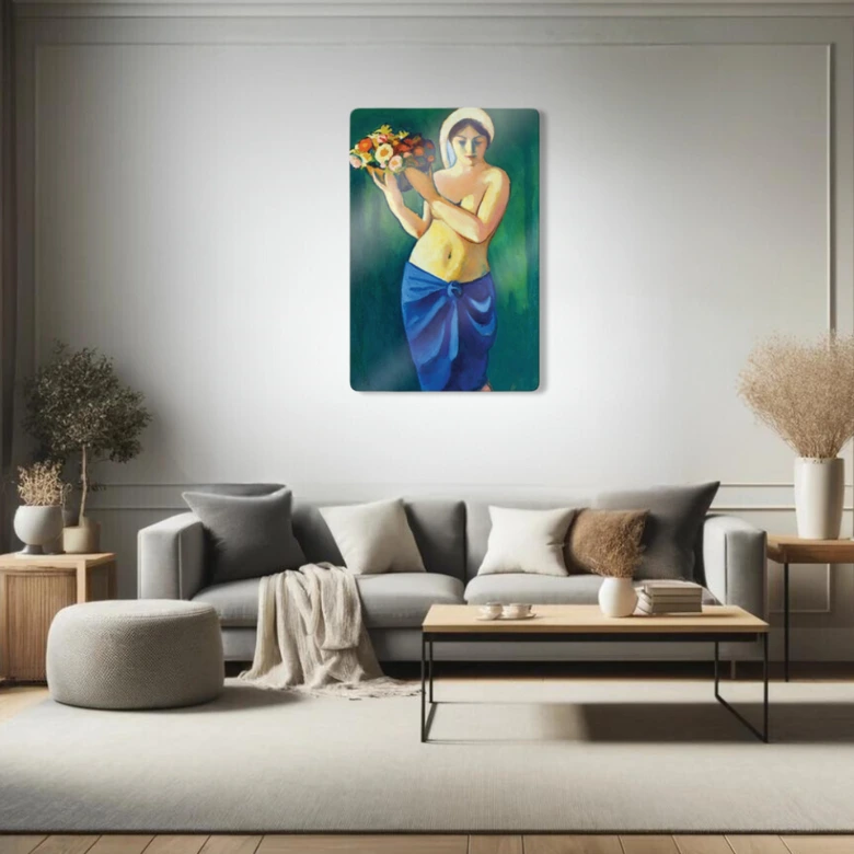 Glasbild Macke - Frau eine Blumenschale tragend 