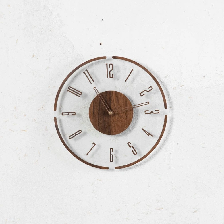 Moderne Glasuhr mit Holz, transparent/braun | Ø30 cm 