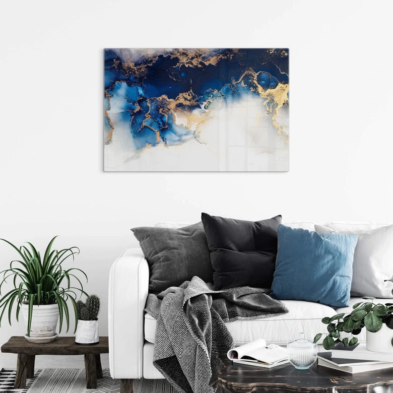 Tableau sur verre Marbre abstrait avec effet bleu et or 