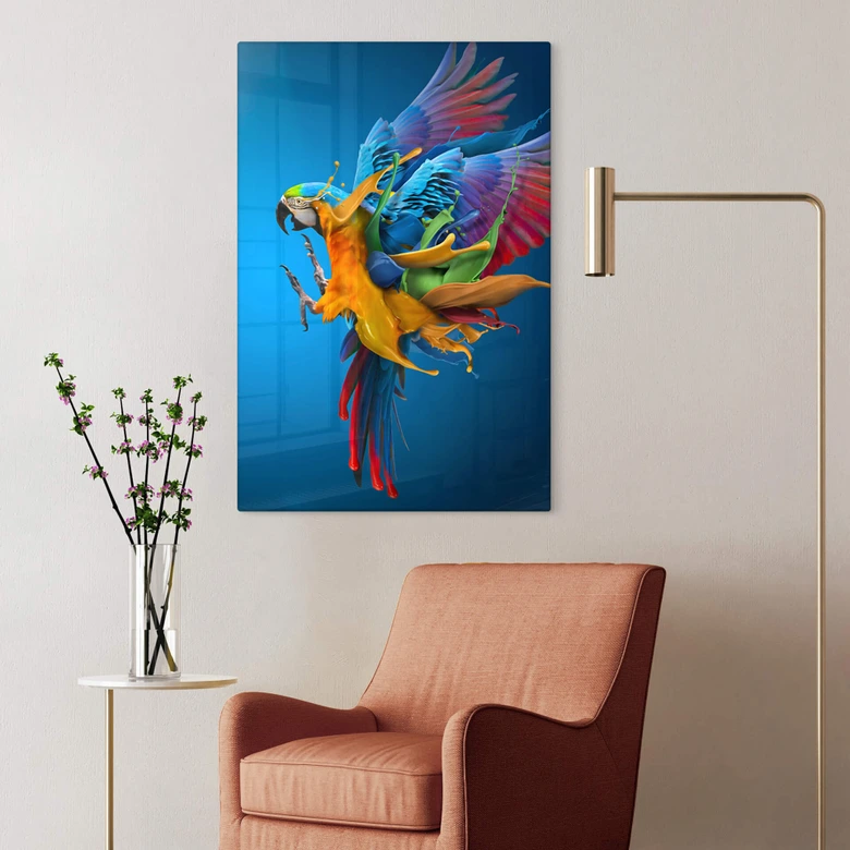 Tableau sur verre Almawash - Le perroquet et le jeu des couleurs 