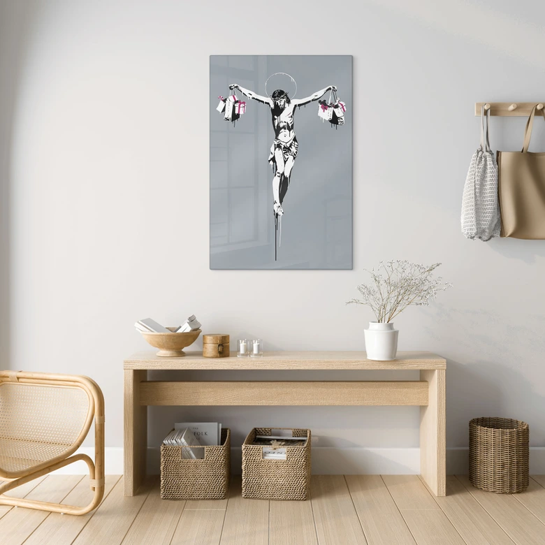 Glasbild Banksy - Jesus Christus mit Einkaufstüten 