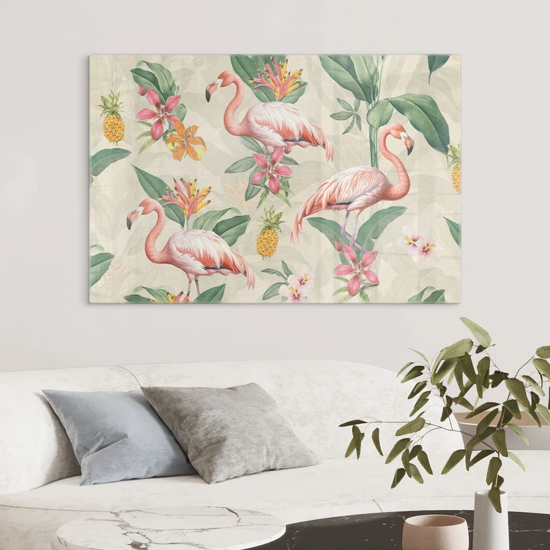 Tableau en verre Flamant rose et feuillage tropical - Bloomery Decor 