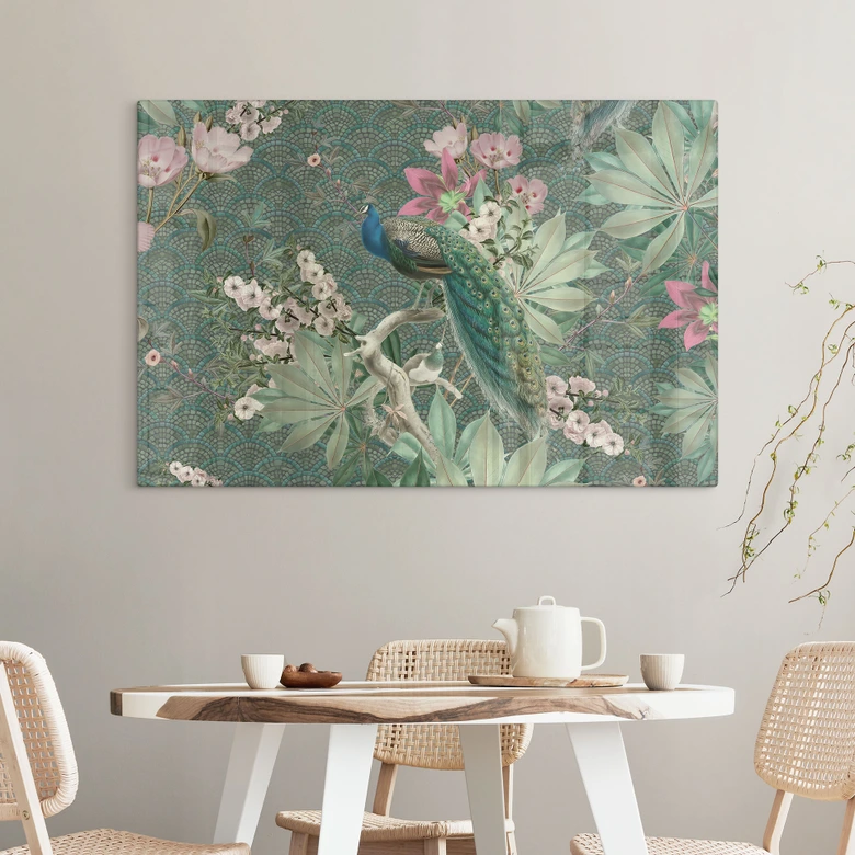 Glasbild Pfau im Tropengarten auf Mosaik - Bloomery Decor 