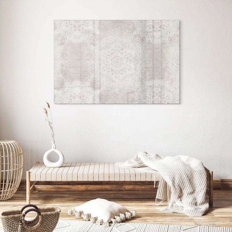 Glasbild Sanftes Mandala auf Grau-Beige - Bloomery Decor 