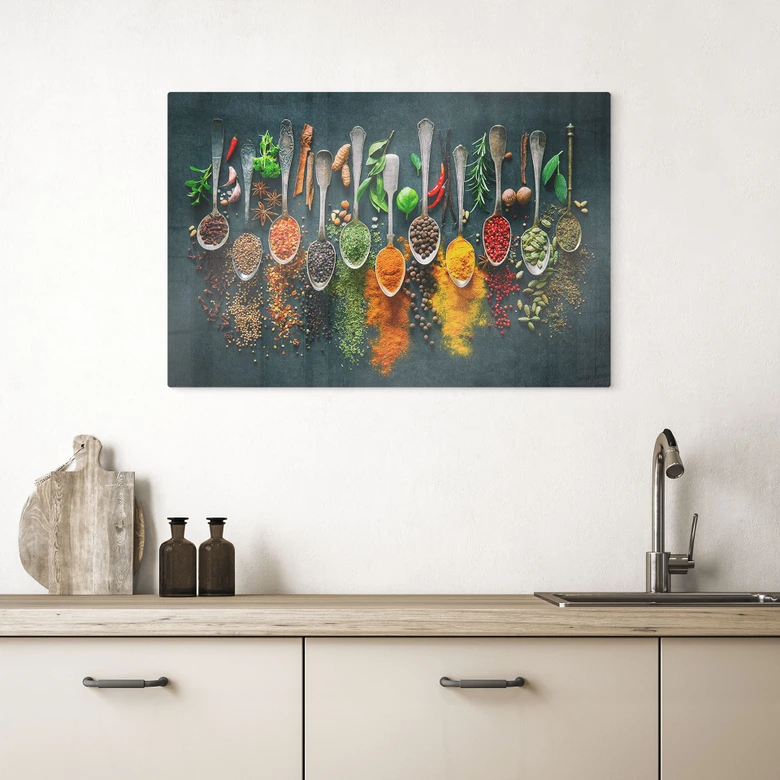 Glasbild Bunte Vielfalt an Gewürzen 