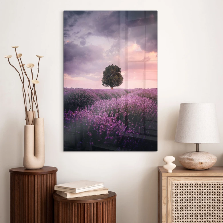 Glasbild Lila Lavendelfelder bei Sonnenuntergang - Cevik 