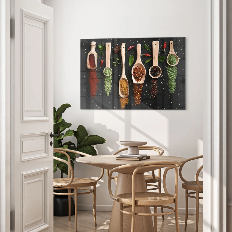 Tableau sur verre Herbes et épices sur une cuillère en bois - Dingemans 