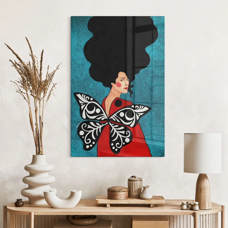 Glasbild Frau mit Schmetterlingsflügeln - Hülya 