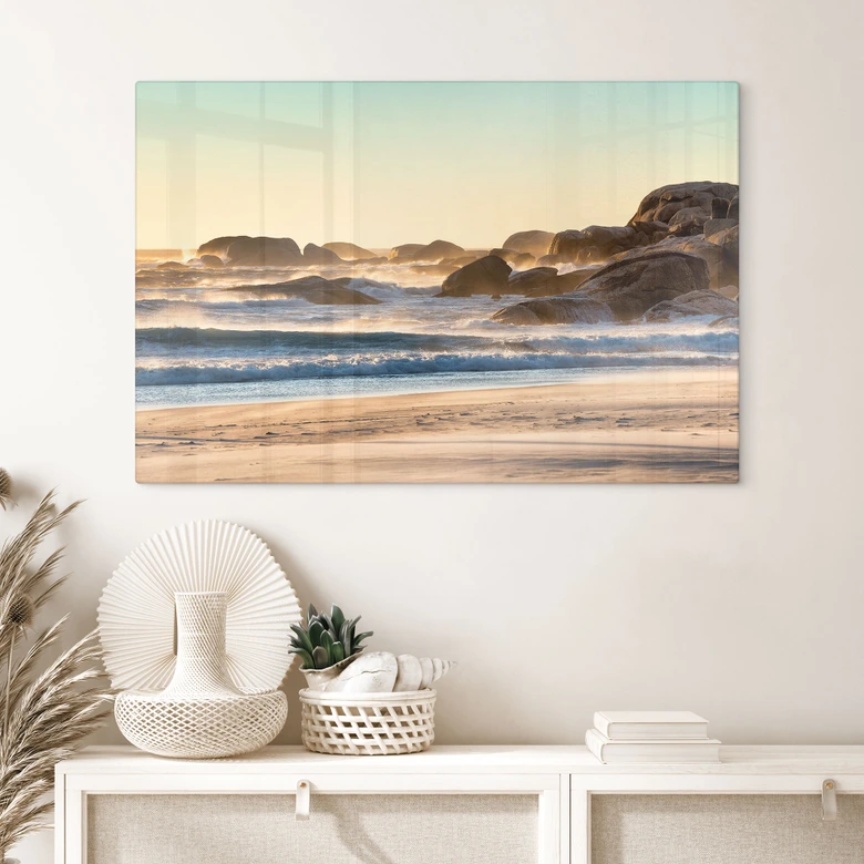 Glasbild Strandküste bei Sonnenaufgang in Afrika - Hugonnard 