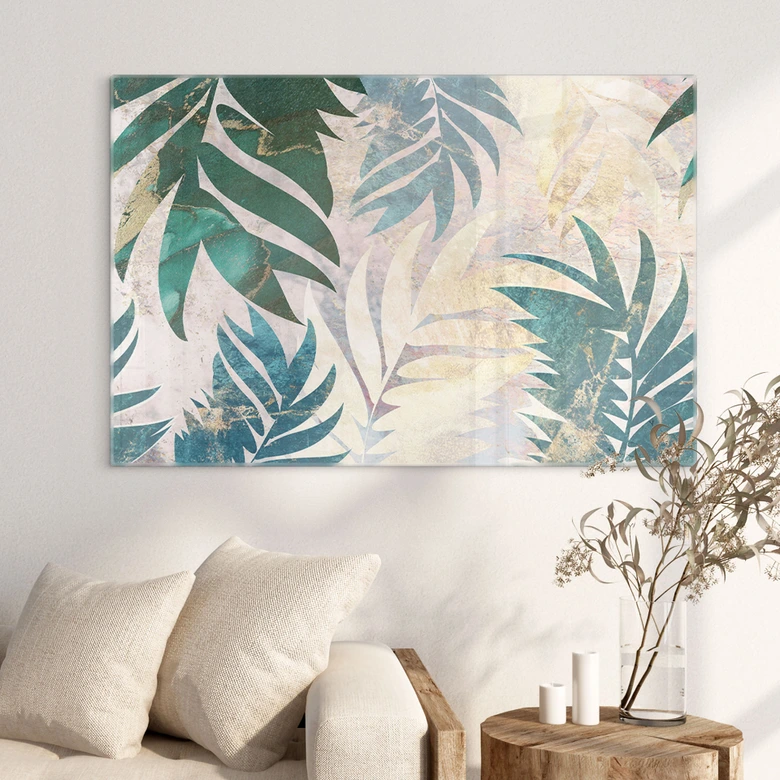 Glasbild Exotische Palmenblätter in Gold-grün - Manovski 