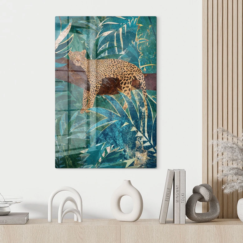 Glasbild Leopard im smaragdgrünen Dschungel - Manovski 