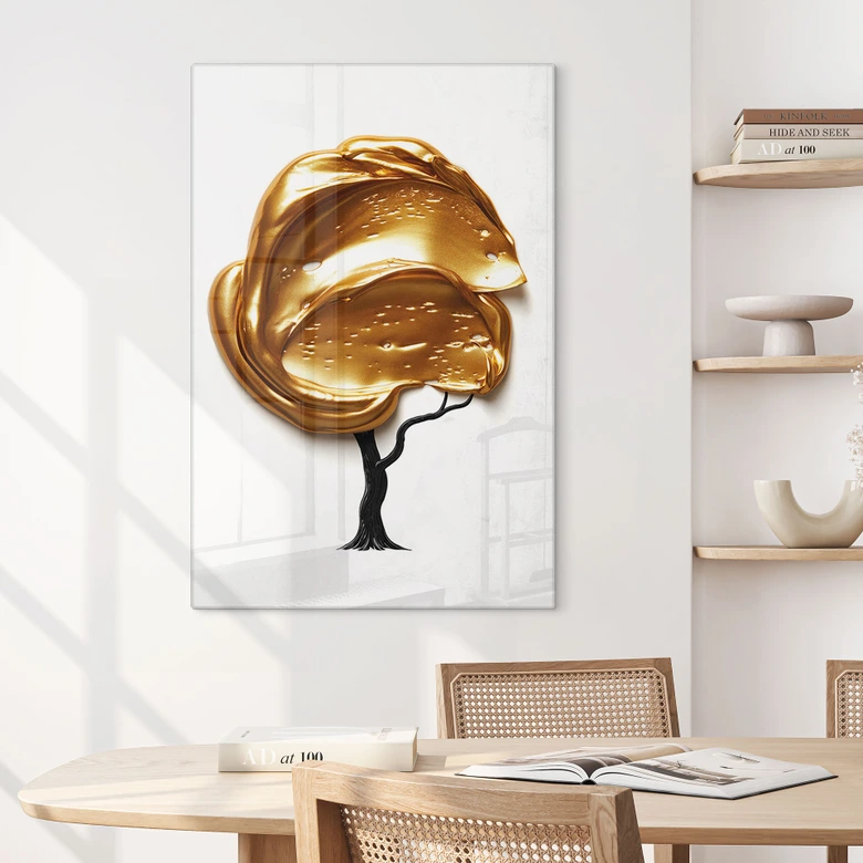 Tableau en verre Arbre avec couronne 3D dorée - Mielu 