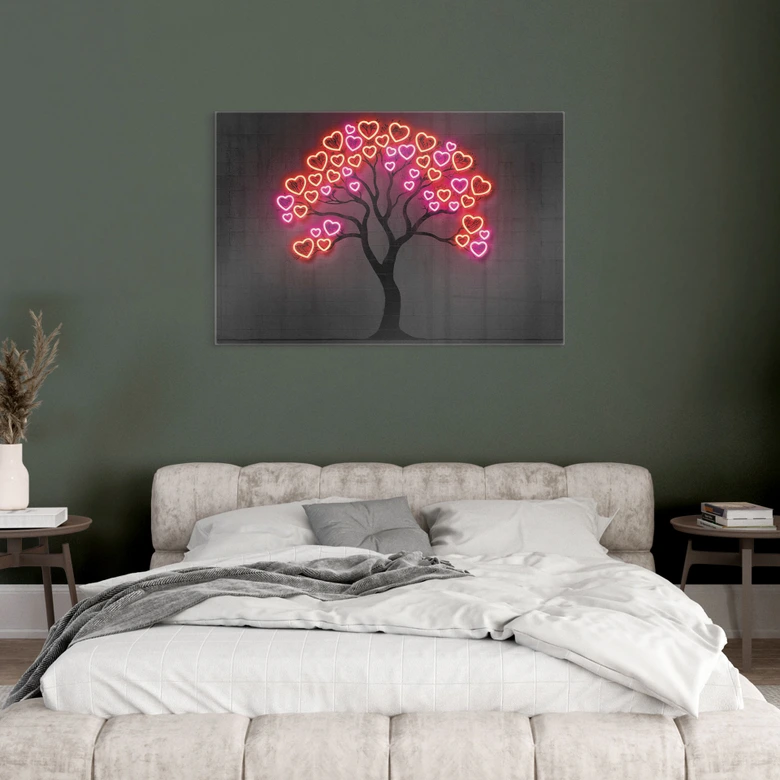 Glasbild Baum mit roten Herzen | Neon Pop Art - Mielu 