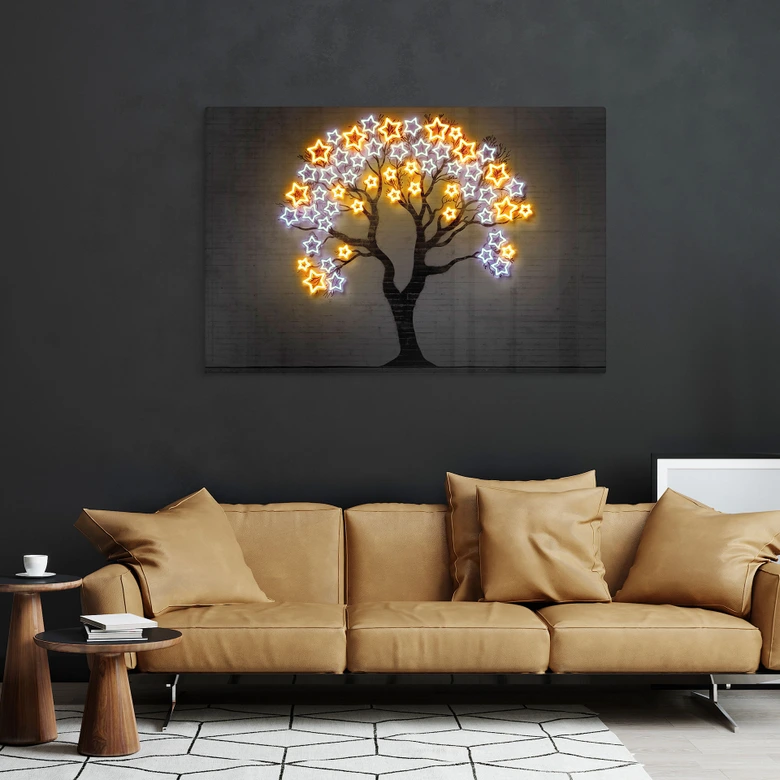 Glasschilderijen Boom met sterren | Neon kunst - Mielu 